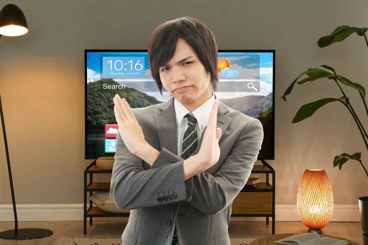 designer fa una x con le braccia davanti al mobile della tv