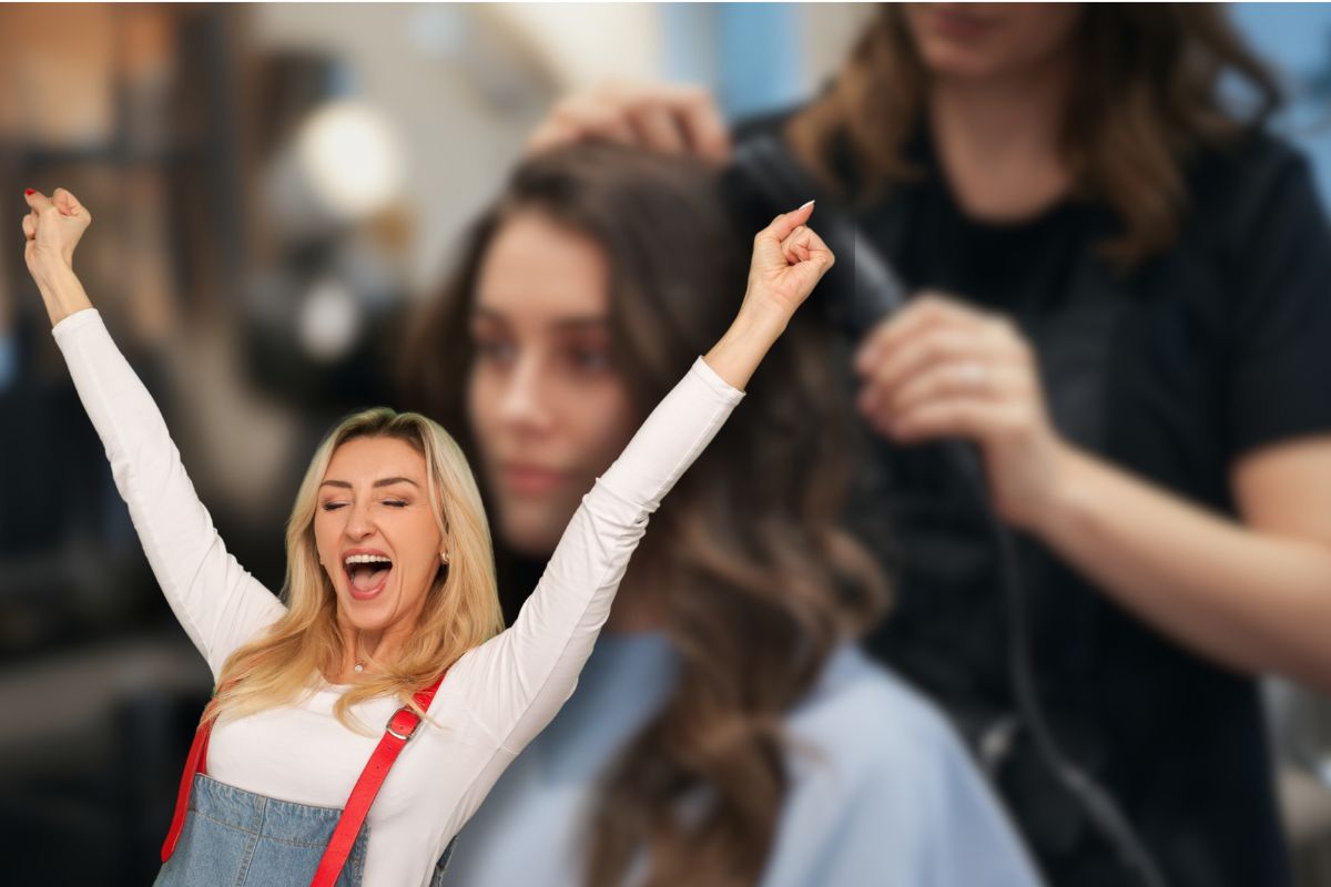 donna dal parrucchiere e un'altra che esulta con braccia aperte