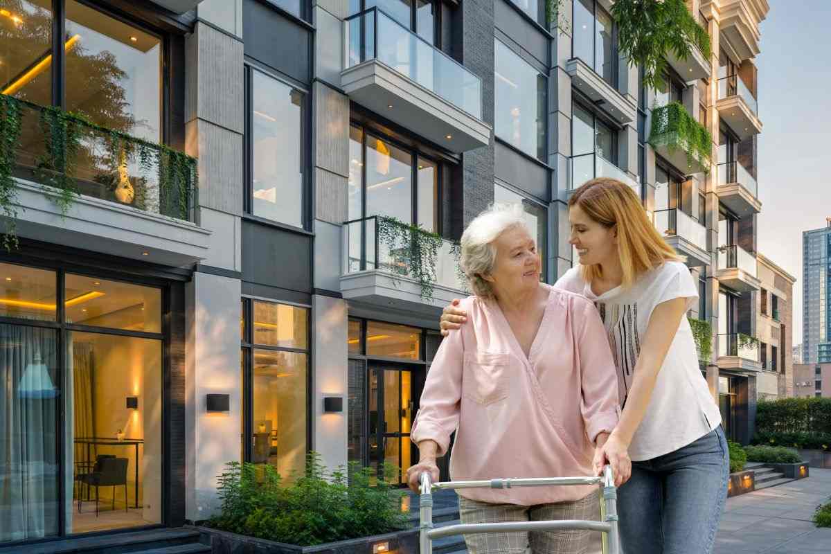 giovane badante che accompagna una persona anziana davanti ad un palazzo