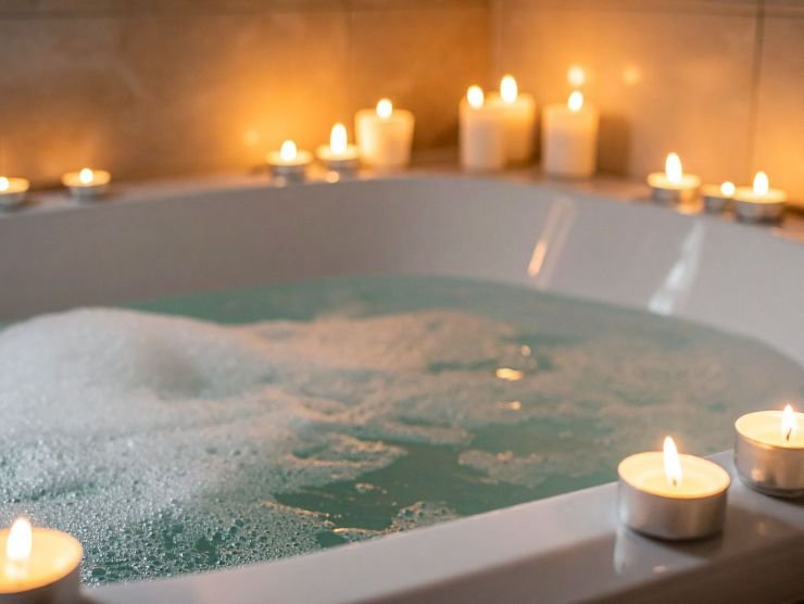 vasca da bagno piena d'acqua e schiuma, con candele accese