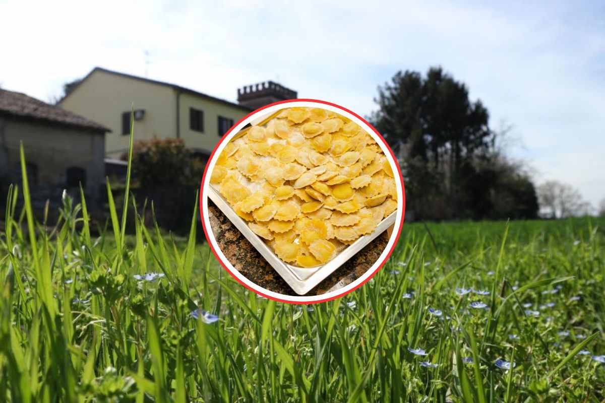 castello di Castelponzone e pasta ripiena in primo piano