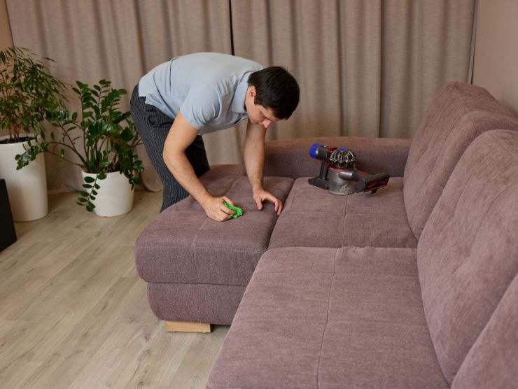 uomo che pulisce divano