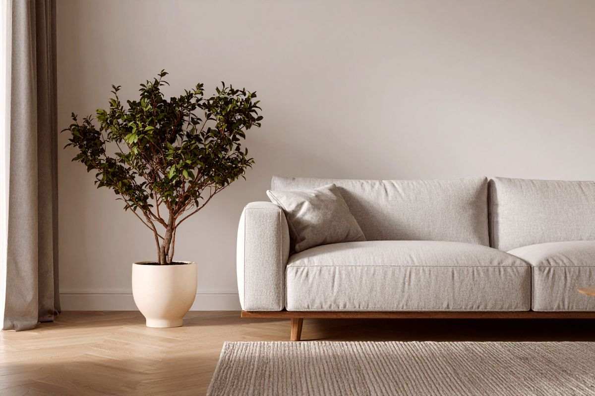 soggiorno con divano e pianta in vaso