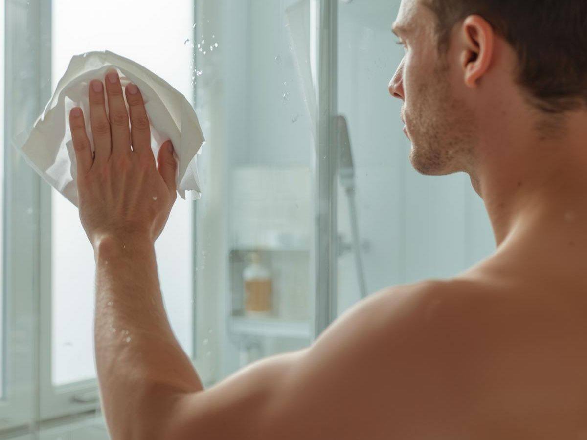 ragazzo strofina carta forno sul box doccia