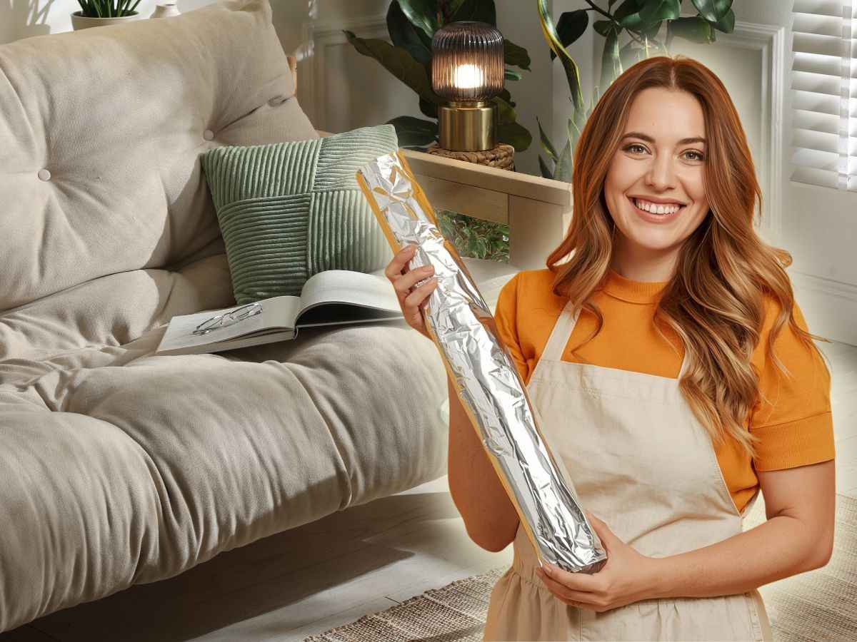 donna con rotolo di stagnola in mano e sfondo un divano